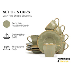 Ceramic Line Cup & Saucer Set Of 6 - Pista Green, 180ml Each | Cup Saucer Set - 6 Cups + 6 Saucers | Glossy Finish Tea Set - Ceramic Tea Cup & Saucer Set