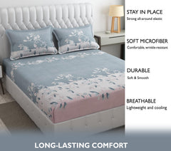 1 Elastic Fitted Bedsheet For King Size & 2 Pillow Covers - 78 X 72 Inches, Pink & Grey | Elegant Floral Print Design & Skin-Friendly