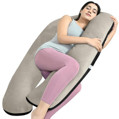 U Shaped Pregnancy Pillow For Pregnant Women & Nursing Mom, Black & Beige | Full Body Support, Single Pillow For Multipurpose Use During Maternity | Premium Velvet Outer Cover With Zip