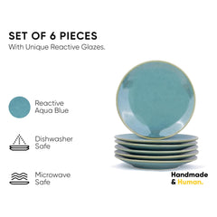 Quarter Plates Set Of 6, Green Blue Reactive Luxury Series | Premium Stoneware Snacks Plates Set Of 6 | Dessert Plates - Snack Plates | Small Plates With Glossy Finish - Microwave Safe