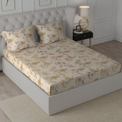 Cotton Elastic Fitted Double Bedsheet For King Size With 2 Pillow Covers - 78 X 72 + 8 Inches, Beige | Soft Wrinkle Free & Breathable Elastic Bedsheets For King Size Bed