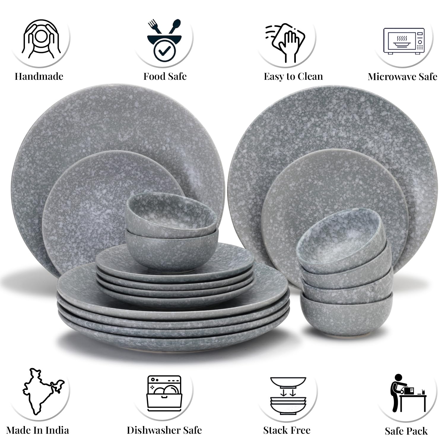 Handcrafted Ceramic Stoneware Dinner Set Of 18 Pcs - Silver Grey | 6 Dinner Plates, 10.6 Inch Each + 6 Small Plates, 7.4 Inch Each + 6 Small Dinner Bowl, 160ml Each - Microwave & Dishwasher Safe Handcrafted Ceramic Stoneware Dinner Set Of 18 Pcs - Silver Grey | 6 Dinner Plates, 10.6 Inch Each + 6 Small Plates, 7.4 Inch Each + 6 Small Dinner Bowl, 160ml Each - Microwave & Dishwasher Safe