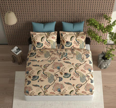 Printed Bedsheet King Size With 2 Large Pillow Cove | Size 72x78x10 Inches, Beige - 300 Thread Count Cotton Feel All Around Elastic Fitted Bedsheet | Breathable & Wrinkle Free
