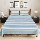210 TC Double Bedsheet With Two Pillow Cover - Queen Size 90 X 100 Inches, White & Blue | Handloom Cotton Bedsheets For Double Bed | All Season Comfort