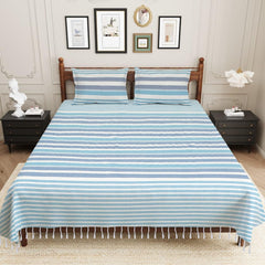 210 TC Double Bedsheet With Two Pillow Cover - Queen Size 90 X 100 Inches, White & Blue | Handloom Cotton Bedsheets For Double Bed | All Season Comfort