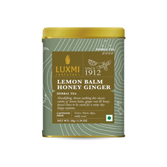 Luxmi Estates Lemon Balm Honey Ginger Herbal Tea - 50gm Tin Caddy, 1.7 Ounce, 25 Cups | USDA Certified Organic Herbal Tea - Caffeine Free Herbal Tea | Rich In Antioxidants, Additives Free