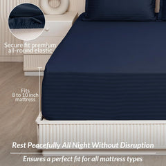 210 TC Cotton Double Bed Fitted Bedsheets With 2 Pillow Cases - 78 X 72 Inches, Dark Blue | Satin Stripes Wrinkle Free | Comfortable Fabric Bedsheet