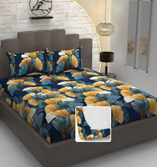 Elastic Fitted Double Bedsheets For King Size With 2 Pillow Covers - 72 X 78 X 10 Inches, Dark Blue | Premium Heavy Cotton All Around Elastic Fitted | Ideal For Hotel, Home, Bedroom