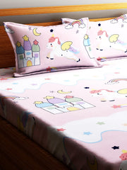 Microfiber Kids Unicorn Elastic Fitted Double Bedsheet With 2 Pillow Covers | 78 X 72 Inches, Baby Pink | Normal Hand Wash Or Machine Wash