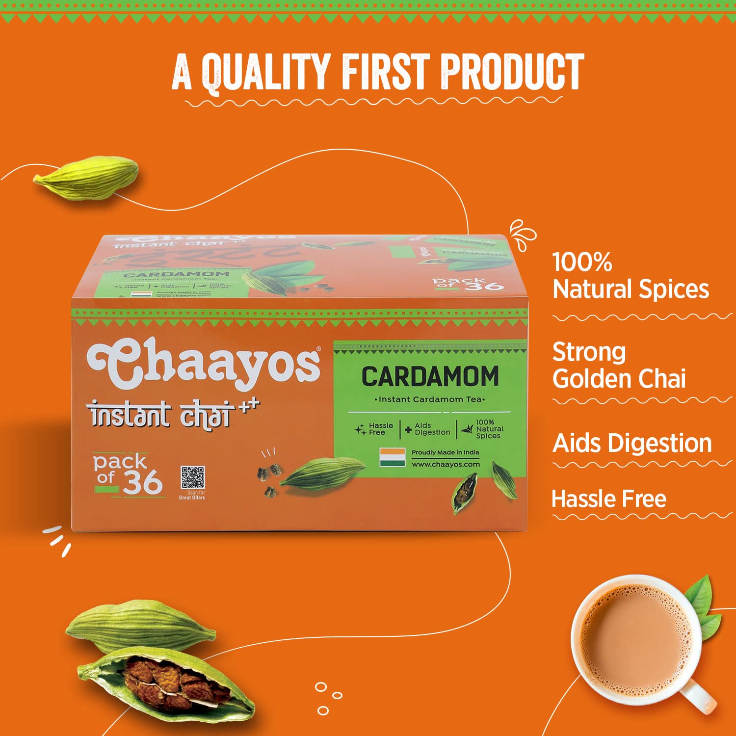 Chaayos Instant Premix Cardamom Chai - 36 Sachets, 504gm, 17.7 Ounce | Aids Digestion, Boosts Metabolism - Instant Assam Elaichi Chai | Regular Sugar, Low Caffeine, Hassle Free Chaayos Instant Premix Cardamom Chai - 36 Sachets, 504gm, 17.7 Ounce | Aids Digestion, Boosts Metabolism - Instant Assam Elaichi Chai | Regular Sugar, Low Caffeine, Hassle Free