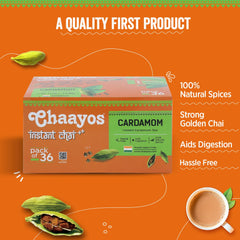Chaayos Instant Premix Cardamom Chai - 36 Sachets, 504gm, 17.7 Ounce | Aids Digestion, Boosts Metabolism - Instant Assam Elaichi Chai | Regular Sugar, Low Caffeine, Hassle Free