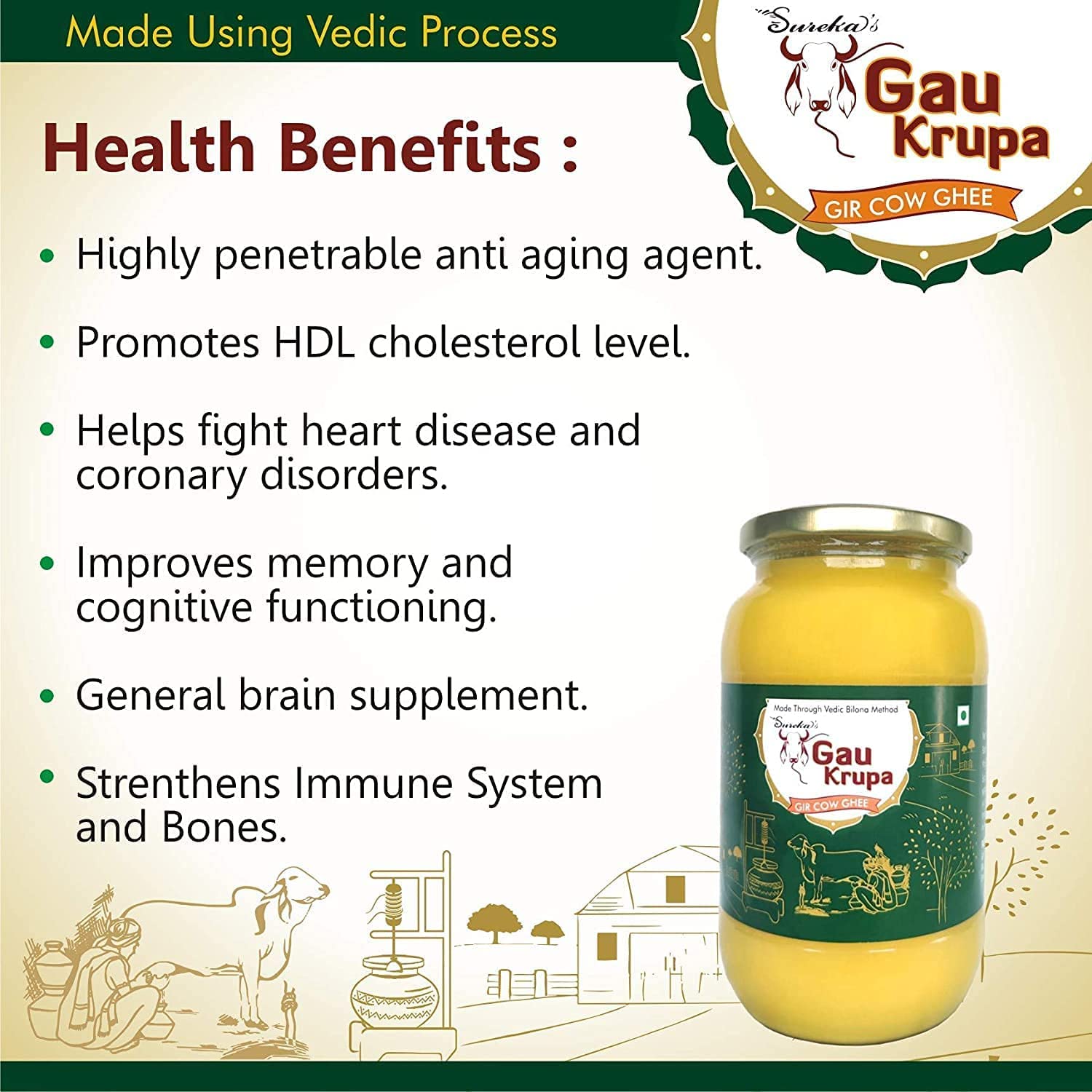 Organic Gir Cow Desi Ghee By Gau Krupa | Vedic Bilona Method Gir Gaay Ghee Good For Taste | (100ml) 3.3 Ounce | Jar Pack Organic Gir Cow Desi Ghee By Gau Krupa | Vedic Bilona Method Gir Gaay Ghee Good For Taste | (100ml) 3.3 Ounce | Jar Pack