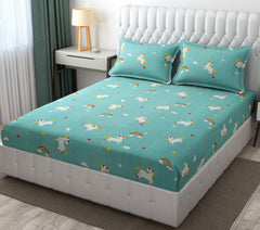 Wrinkle Free Soft Kids Double Bedsheets For King Size With 2 Pillow Cover | 90 X 95 Inches, Sky Blue | Cartoon Printed Design | Child Bedroom Decor
