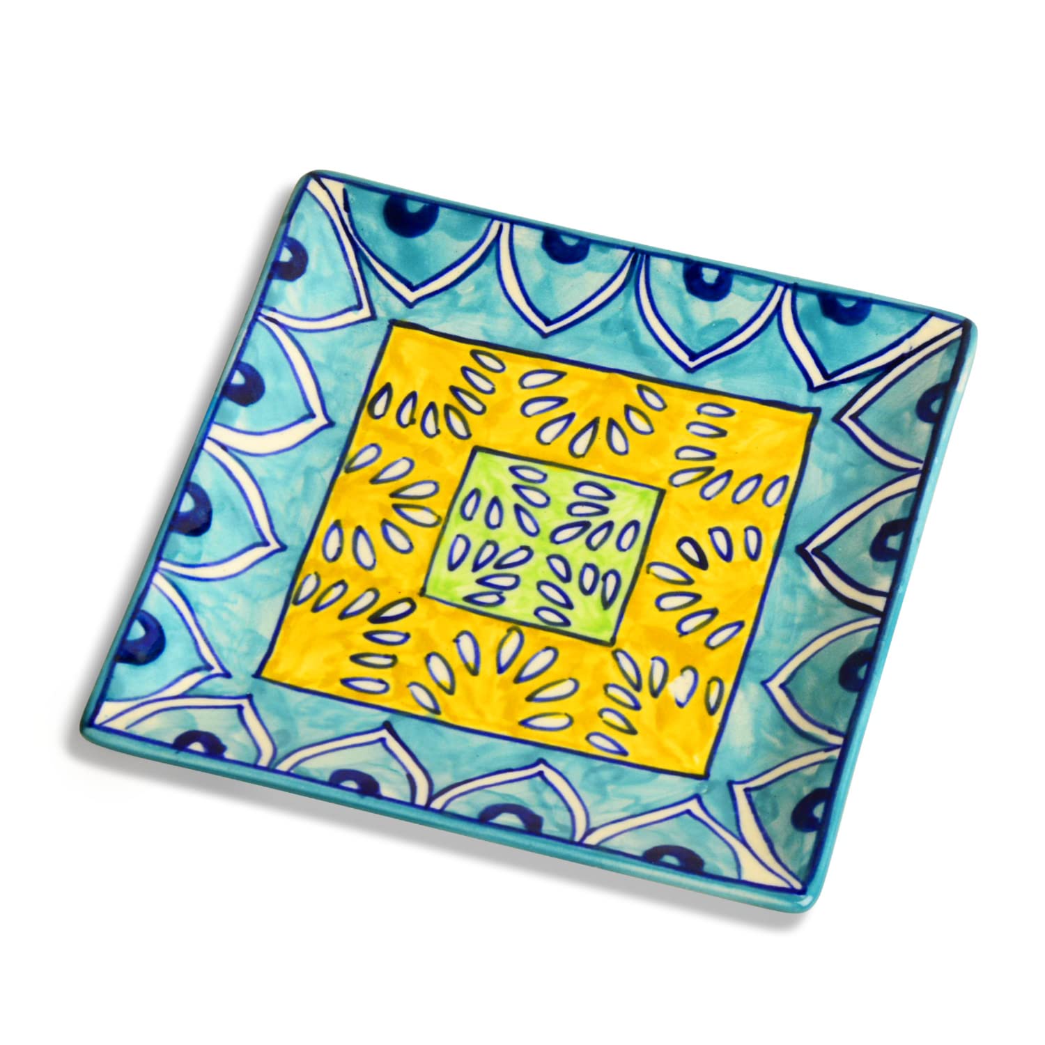 Premium Hand Painted In Traditional Design Ceramic Square Platter - Blue & Yellow, L X B – 18 Cm X 18 Cm | Starter Serving Tray Premium Hand Painted In Traditional Design Ceramic Square Platter - Blue & Yellow, L X B – 18 Cm X 18 Cm | Starter Serving Tray