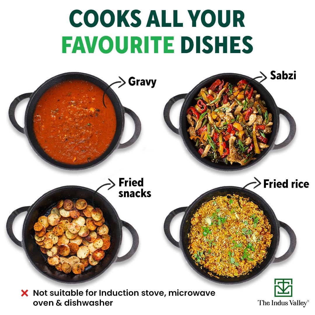 Pre-Seasoned Black Cast Iron Cookware Set - Kadai 20.3cm, 1.4 Liters + Kadai 25.2cm, 2.2 Liters | Kitchen Cooking Combo Pots & Pans Set Of 2 Pcs - Naturally Nonstick Pre-Seasoned Black Cast Iron Cookware Set - Kadai 20.3cm, 1.4 Liters + Kadai 25.2cm, 2.2 Liters | Kitchen Cooking Combo Pots & Pans Set Of 2 Pcs - Naturally Nonstick