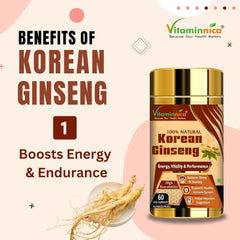 Vitaminnica Korean Ginseng Extract, Supports Stamina, Energy, Vitality, Strength | 60 Veg Capsules 100gm 0.2lbs