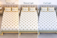 Hand Printed Cotton Bedsheet For King Size With 2 Pillow Covers | 93 X 108 Inches, White & Yellow | Ultra-Soft & Skin-Safe | Breathable Summer Comfort