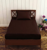 1 Bedsheet Single Satin Stripe Elastic Fitted With 1 Pillow Cover (36 X 78 Inches) Chocolate Brown | Lightweight, Soft & Breathable - Perfect For Gifting On Weddings Bedsheet