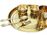 Golden Pure Brass Engraved Thali Set Of 6 Pieces - 1 Plate+ 1 Glass+ 2 Bowl+ 1 Spoon+ 1 Fork | Flowers Design Dinner Set