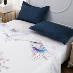 Bedsheets For Double Bed With 2 Pillow Cover - 92 X 98 Inches, White & Blue | Satin Finish Microfiber Queen Size Bedsheet | Skin Friendly & Breathable Fabric