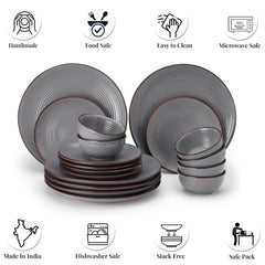 Hand Painted Ceramic Solid Dinner Set Of 18 - Grey | 6 Dinner Plates, 10 Inch Each+ 6 Small Plates, 7 Inch Each + 6 Small Dinner Bowls, 180ml Each - Microwave & Dishwasher Safe