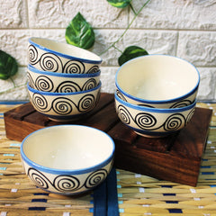 Blue Swirl Hand Painted Ceramic Dining Bowl Katoris - 6 Pieces, 180ml Each | Ceramic Bowls - Serving Bowls For Dinner, Snacks & Dessert - Microwave Safe