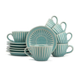 Ceramic Cup & Saucer Set Of 6 - Turquoise, 200ml Each | 6 Cups + 6 Saucers - Premium Stoneware Tea Set With Glossy Finish | Ceramic Tea Cup & Saucer Set - Microwave Safe & Dishwasher Safe