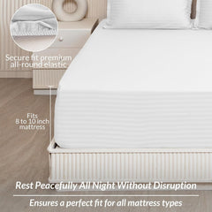 210 TC Cotton Double Bed Fitted Bedsheets With 2 Pillow Cases - 78 X 72 Inches, White | Satin Stripes Wrinkle Free | Comfortable Fabric Bedsheet