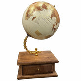 Home Decor 8 Inch Diameter World Globe On Gold Arc & Wooden Storage Drawer For Office Table, Gift Item, Interior Decoration & Educational - Cream, Pack Of 1