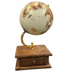 Home Decor 8 Inch Diameter World Globe On Gold Arc & Wooden Storage Drawer For Office Table, Gift Item, Interior Decoration & Educational - Cream, Pack Of 1
