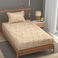 Soft Cotton Single Size Bedsheet With 1 Pillow Cover | 60 X 90 Inches, Cream | Anti-Fade Printed Design | 200 Thread Count