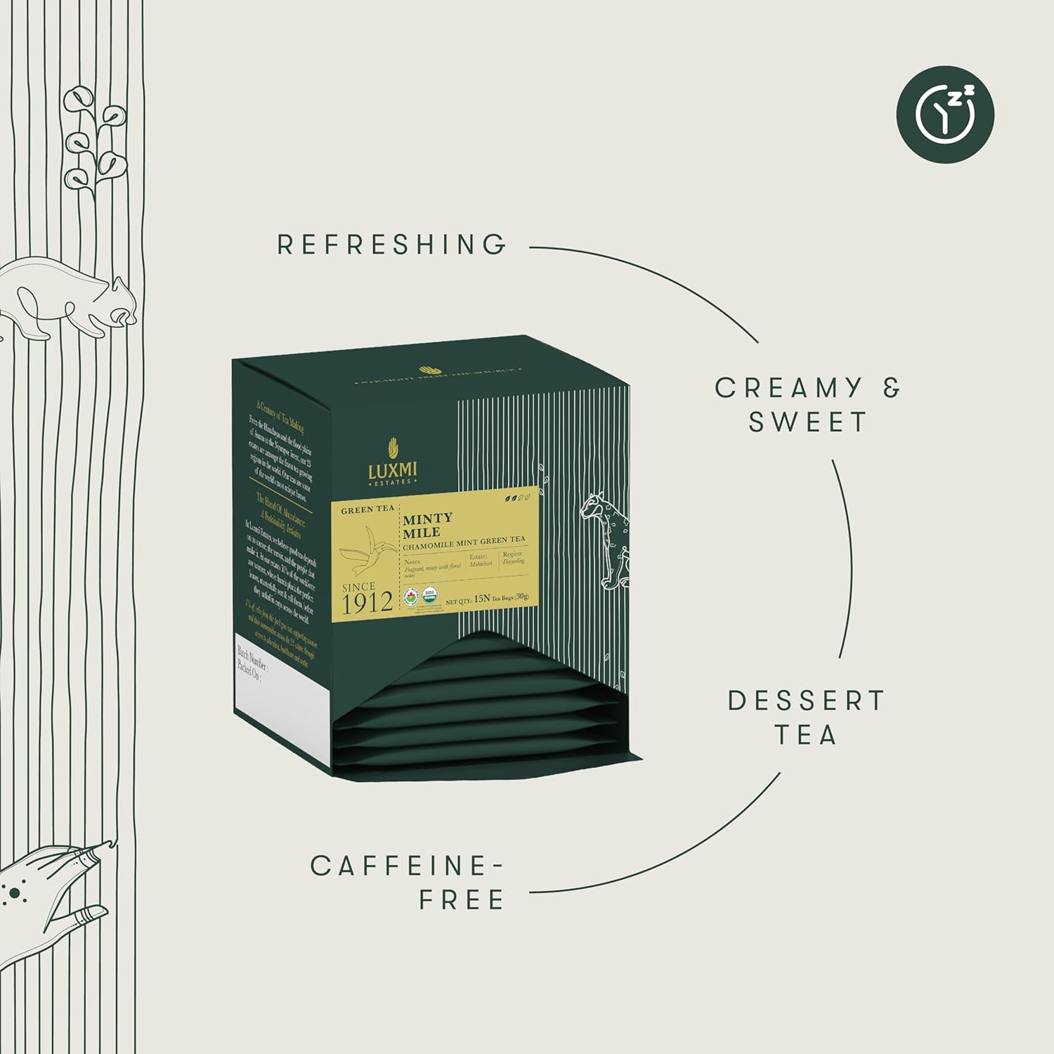Luxmi Estates Minty Mile Chamomile Mint Green Tea - 30gm, 1.05 Ounce, 15 Tea Bags | USDA Certified Organic Green Tea - Low Caffeine Chamomile Green Tea Luxmi Estates Minty Mile Chamomile Mint Green Tea - 30gm, 1.05 Ounce, 15 Tea Bags | USDA Certified Organic Green Tea - Low Caffeine Chamomile Green Tea