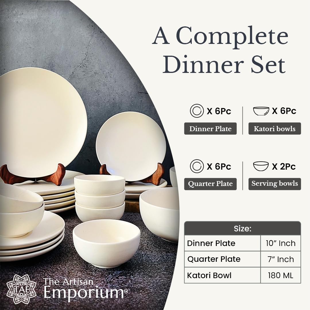 Subhra Handcrafted White Ceramic Dinner Set Of 20 Pieces With Serving Bowls | 6 Dinner Plates + 6 Side Plates+ 6 Katori Bowls, 180ml Each + 2 Serving Bowls, 800ml Each | Serving For 6 Subhra Handcrafted White Ceramic Dinner Set Of 20 Pieces With Serving Bowls | 6 Dinner Plates + 6 Side Plates+ 6 Katori Bowls, 180ml Each + 2 Serving Bowls, 800ml Each | Serving For 6