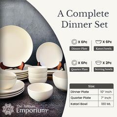 Subhra Handcrafted White Ceramic Dinner Set Of 20 Pieces With Serving Bowls | 6 Dinner Plates + 6 Side Plates+ 6 Katori Bowls, 180ml Each + 2 Serving Bowls, 800ml Each | Serving For 6