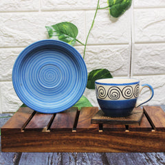 Blue Swirl Ceramic Cups & Saucers Set Of 6 | Tea Cup Set Of 6 Cups + 6 Saucers For Tea, Coffee, Hot Drinks - 12 Pieces, 150ml, Microwave Safe