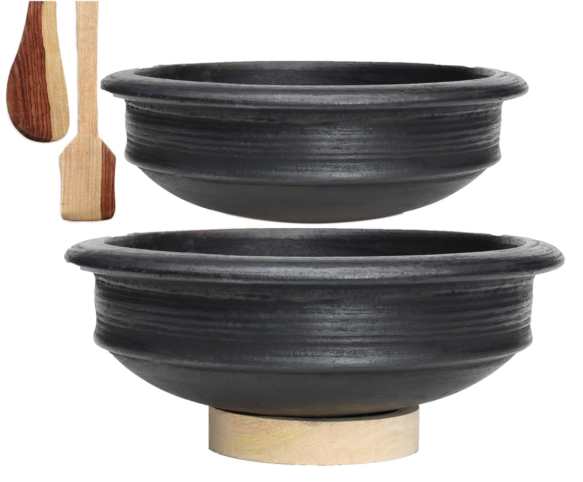 Deep Burned Uncoated Clay Pot Or Mitti Handi Combo With 2 Wooden Spatulas Complimentary Pack Of 2 - Black, 1 + 2 Liters | Pre-Seasoned Mud Pot - Unglazed, Double Fired, Hand Crafted