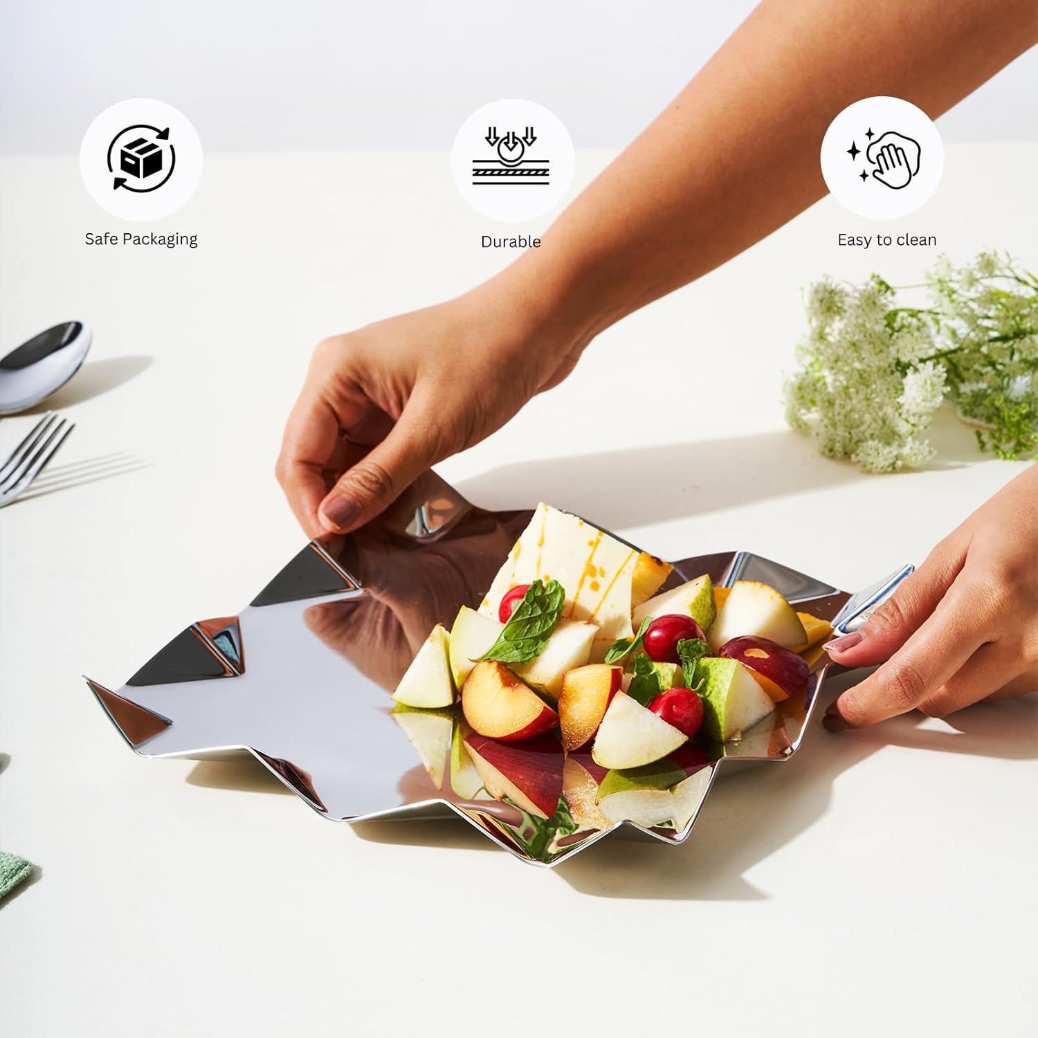 Designer Chrome Stainless Steel Square Platter, Small - Criss Cross Series | Zig Zag Serving Tray For Food Dessert Fruit, Coffee & Tea Designer Chrome Stainless Steel Square Platter, Small - Criss Cross Series | Zig Zag Serving Tray For Food Dessert Fruit, Coffee & Tea