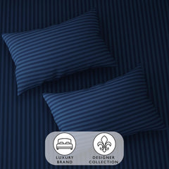 Stripes King Size Cotton Bedsheet With 2 Pillow Covers - 86 X 94 Inches, Navy Blue | Perfect For Home Decor, Guest House | Ideal For All Seasons