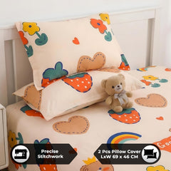 Kids Double Bed Bedsheet Set With 2 Pillow Covers - 88 X 100 Inches, Cream & Orange | Soft Bedding For Boys & Girls | Teddy Bear Design