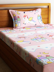 Kids Unicorn Single Bedsheet With 1 Pillow Cover - 55 X 86 Inches, Baby Pink | Durable, Long Lasting Fabric | Soft To Touch And Comfortable