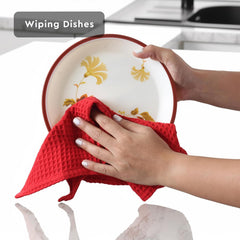 Encasa Xo Kitchen Dish Towels Set 320 Gsm | Waffle Weave & Flat Hand Tea Towel | Quick Drying Reusable Cotton Washcloths | Set Of 4 (Red)