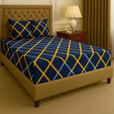 Elastic Fitted Bedsheets For King Size With Two Pillow Cover - 72 X 78 X 10 Inches, Blue & Yellow | Super Soft Premium Brushed Glace Cotton Bedsheet, Breathable & Wrinkle Free
