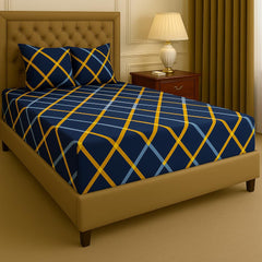Elastic Fitted Bedsheets For King Size With Two Pillow Cover - 72 X 78 X 10 Inches, Blue & Yellow | Super Soft Premium Brushed Glace Cotton Bedsheet, Breathable & Wrinkle Free
