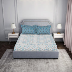 100% Cotton Bedsheet For Double Bed With 2 Pillow Cover - 88 X 100 Inches, Blue & Beige | Breathable & Super Soft | All Seasons & Easy To Wash