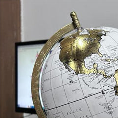 Decorative 8 Inch Table Rotating Globe With Gold Arc & Base, For Home Decor With Gold Foil Stamp Map, White, For Kids & Students Learning, Pack Of 1