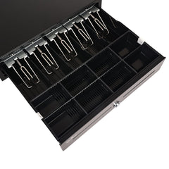 Cash Drawer For Shop Counter Point Of Sale Billing System Electronic & Manual Key Lock, Office Mall Stainless Steel Material Cash Box 5 Note 8 Coin Cash Currency, Colour - Black