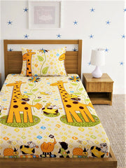 Kids Giraffe Single Bedsheet With 1 Pillow Cover - 55 X 86 Inches, Yellow | Durable, Long Lasting Fabric | Soft To Touch And Comfortable