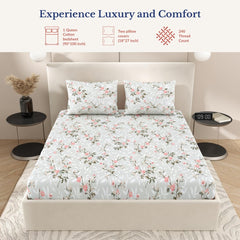 Queen Size Pure Cotton Bedsheet With 2 Pillow Covers | 90 × 100 Inches, Grey & Pink | Soft Breathable Floral Design Bedding | Comfortable Sleep All Year