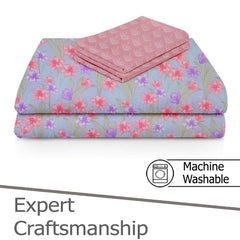 Soft Cotton Single Size Bedsheet With 1 Pillow Cover | 60 X 90 Inches, Blue & Pink | Anti-Fade Printed Design | 200 Thread Count