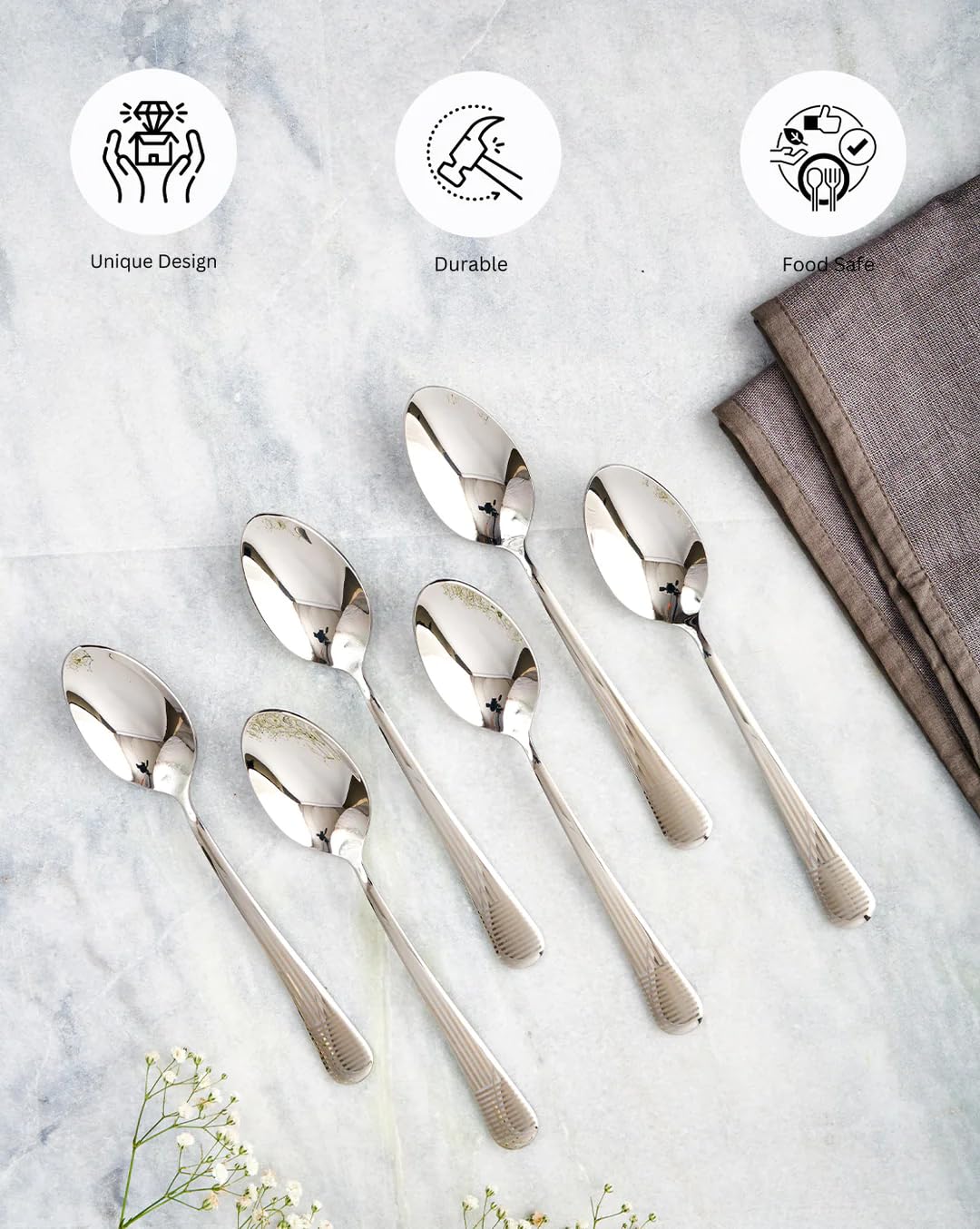 Stainless Steel Decoline Dinner Spoon Set Of 6, Chrome | Kitchen Cutlery - Serve Ware & Tableware, Dishwasher Safe Stainless Steel Decoline Dinner Spoon Set Of 6, Chrome | Kitchen Cutlery - Serve Ware & Tableware, Dishwasher Safe